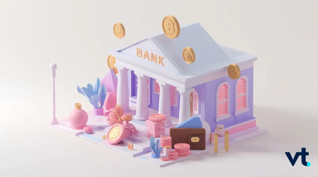 Minh hoạ 3D tông màu pastel về một toà nhà ngân hàng với các đồng xu lơ lửng bên trên, tượng trưng cho việc ngân hàng tích hợp tiền mã hoá và dịch vụ tiết kiệm.